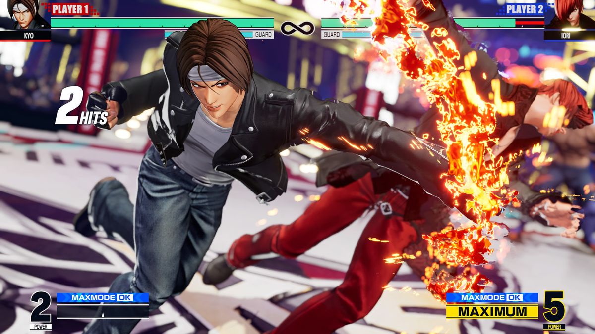 Kyo Kusanagi from King of Fighters 15 delivers an epic face-punch in a match against Iori Yagami