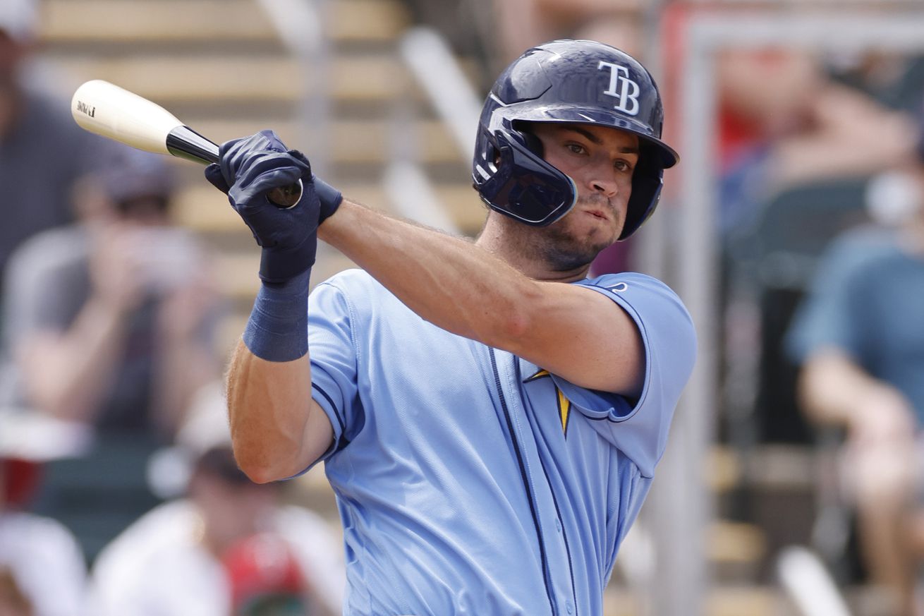 Tampa Bay Rays outfielder Kameron Misner (30) bats during a spring training baseball game against the Minnesota Twins on March 24, 2022 at Hammond Stadium in Fort Myers, Florida.