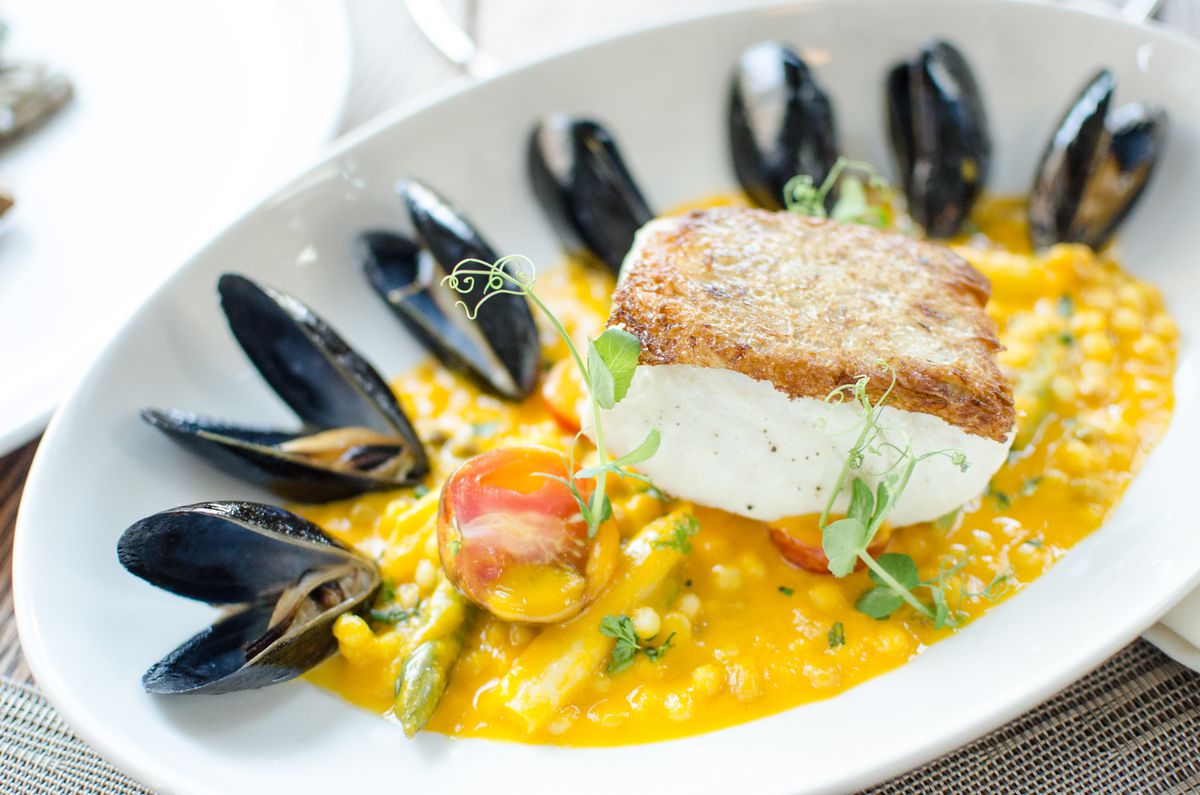 A thick piece of halibut topped with a crispy breading sits in a yellow pool of sauce with asparagus, tomatoes, small round pasta bits, and mussels.