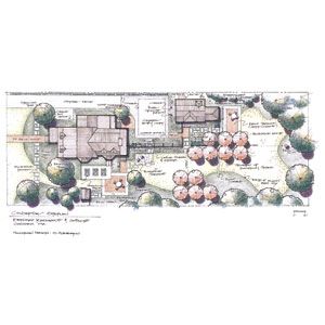 <p>The full landscape plan shows the relationship between the main house and the cottage and how their respective landscape elements mesh. Each has a private brick-and-bluestone patio, but the two are connected by bluestone paths and a trellis fence.</p>