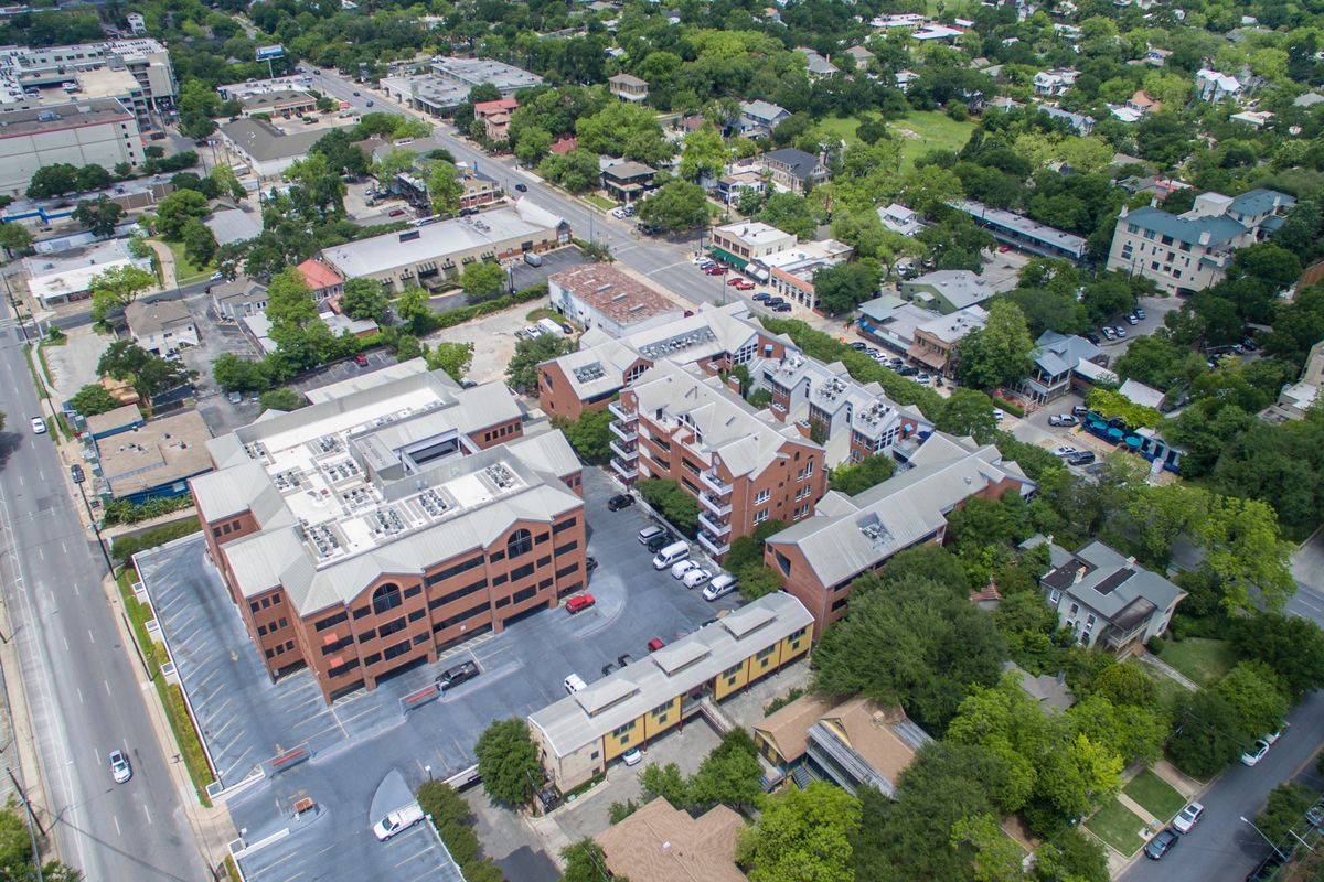 Overhead photo of a block of office buildings