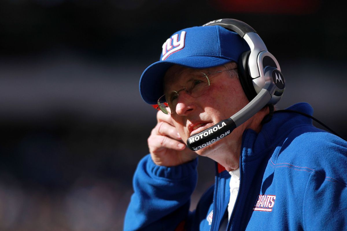 Like many Giants' fans, coach Tom Coughlin has to be wondering which team will show up the next few weeks.  (Photo by Nick Laham/Getty Images)