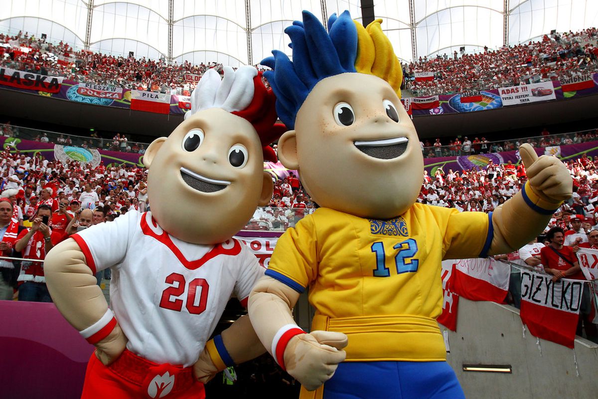 WARSAW, POLAND - JUNE 08:  Euro 2012 mascots Slavek and Slavko pose ahead of the UEFA EURO 2012 group A match between Poland and Greece at National Stadium on June 8, 2012 in Warsaw, Poland.  (Photo by Alex Grimm/Getty Images)