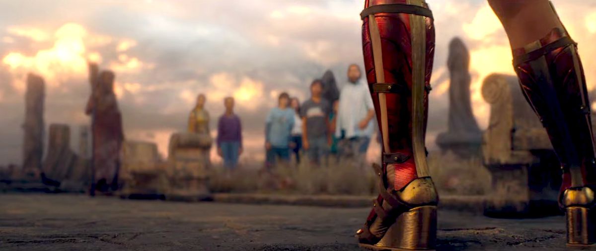 Wonder Woman’s boots stand in front of the Shazamily in Shazam! Fury of the Gods