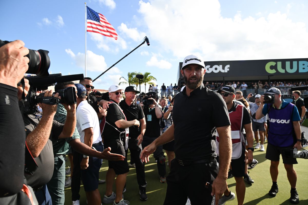 Dustin Johnson reacts after winning the LIV Golf Team Championship, on October 30, 2022 at Trump National Doral Golf Club in Doral, FL.