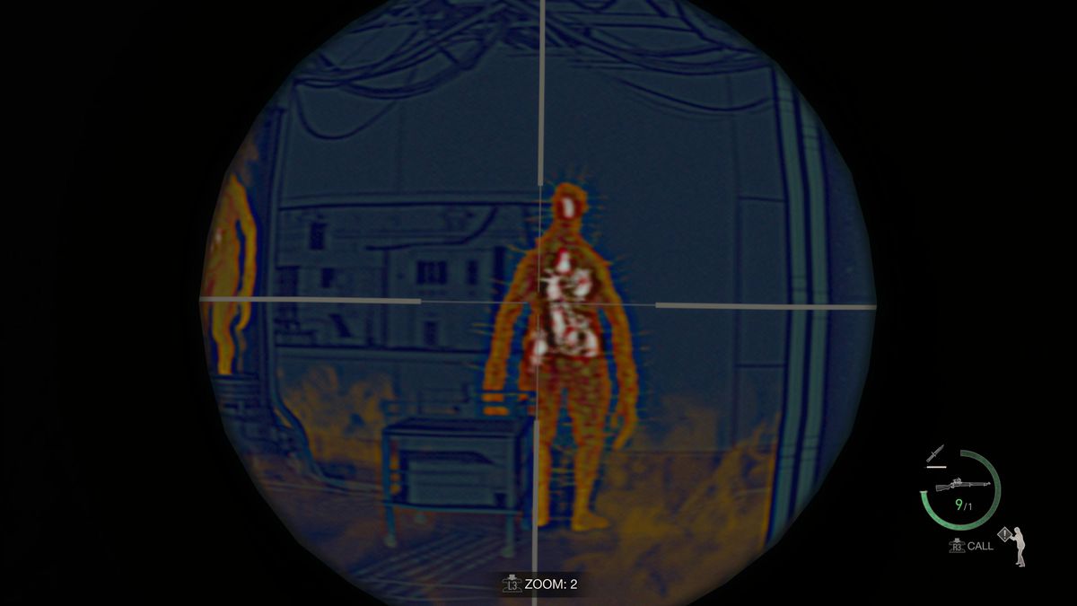 An infra-red look of the regenerator needed for The Wandering Dead in Resident Evil 4 remake, which has multiple weak points inside its body