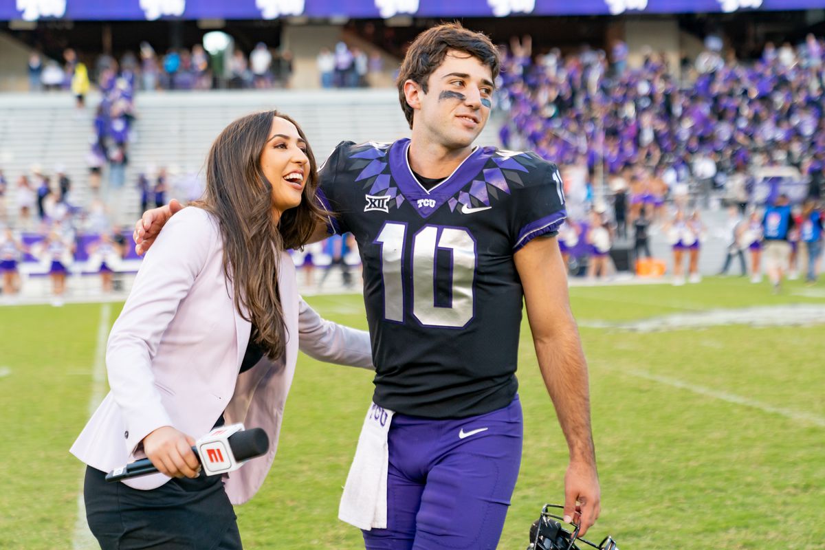 FORT WORTH, TX - OCTOBER 14: TCU Horned Frogs quarterback Josh Hoover (10) hugs his sister Hannah Hoover after a game between the Brigham Young Cougars and the TCU Horned Frogs on October 14, 2023, at Amon G. Carter Stadium in Fort Worth, TX.