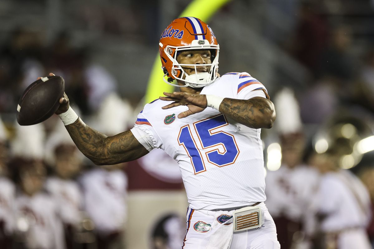 TALLAHASSEE, FLORIDA - NOVEMBER 25: Anthony Richardson #15 of the Florida Gators warms up before the start of a game against the Florida State Seminoles at Doak Campbell Stadium on November 25, 2022 in Tallahassee, Florida.