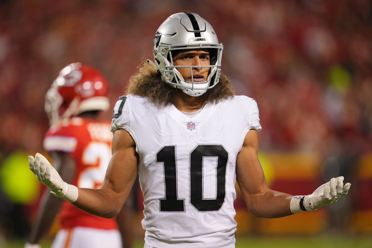 Las Vegas Raiders wide receiver Mack Hollins (10) reacts to a call in the second half abasing the Kansas City Chiefs at GEHA Field at Arrowhead Stadium.