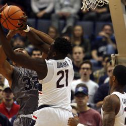 UConn's Mamadou Diarra (21) during the Monmouth Hawks vs UConn Huskies men's college basketball game at the XL Center in Hartford, CT on December 2, 2017.