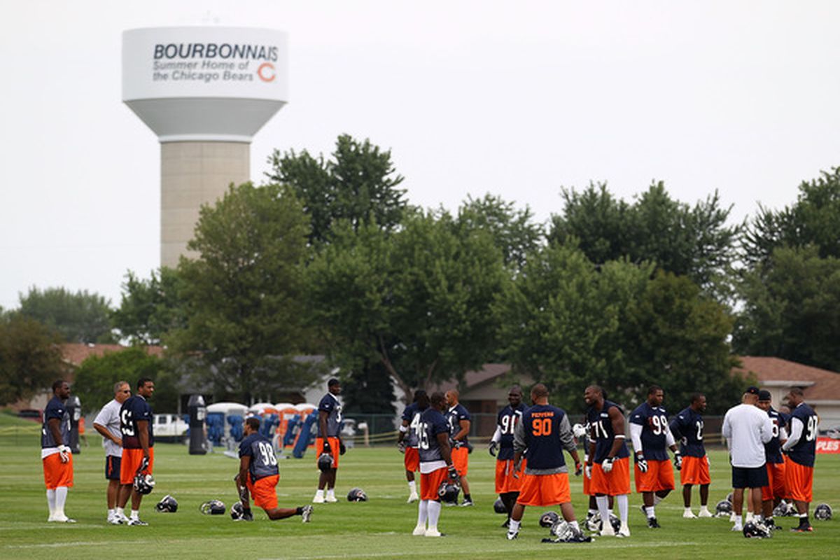 BOURBONNAIS IL - JULY 30: Members of the Chicago Bears prepare for a summer training camp practice at Olivet Nazarene University on July 30 2010 in Bourbonnais Illinois. (Photo by Jonathan Daniel/Getty Images)