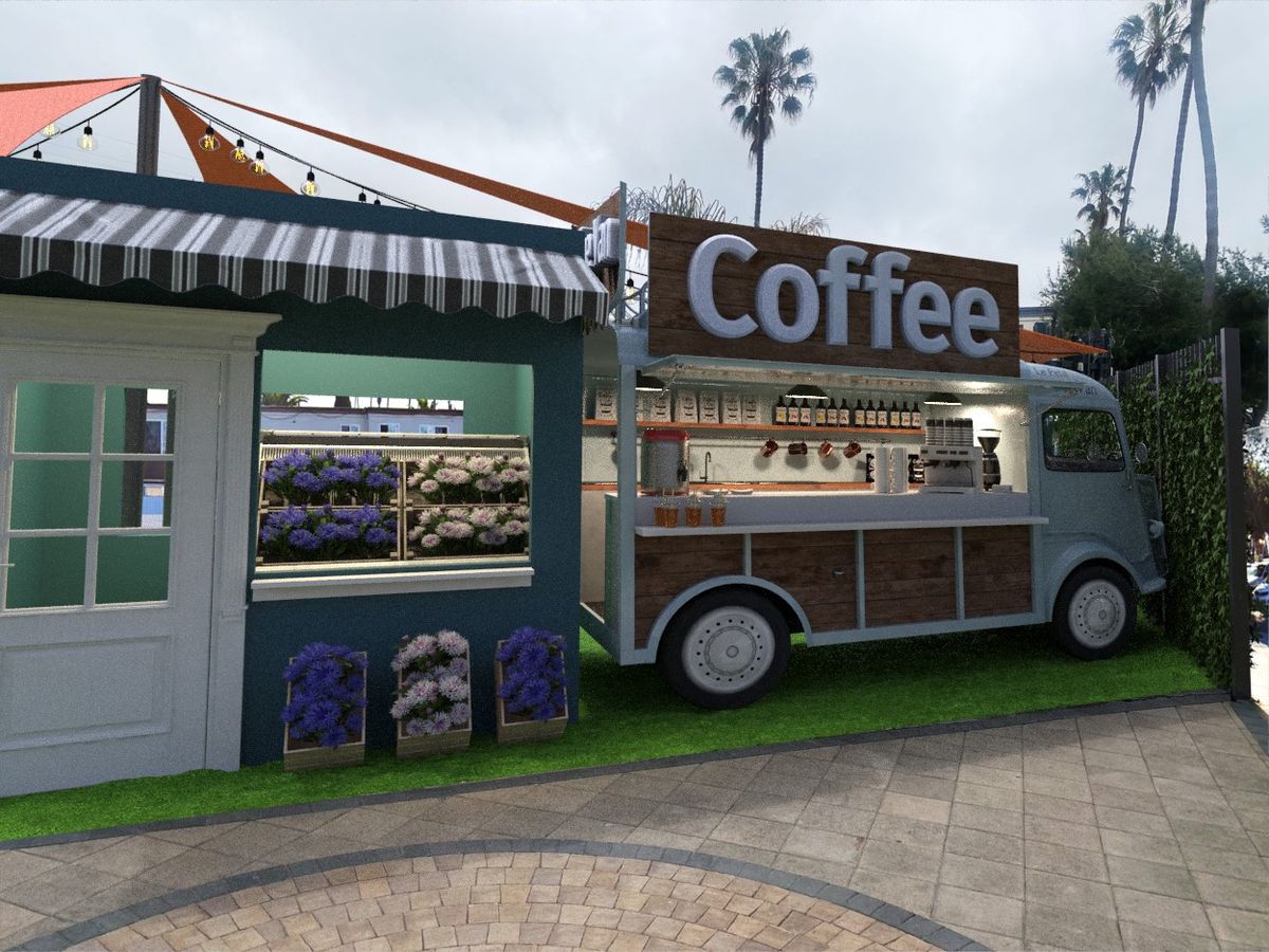 Rendering of the coffee shop and flower shop.