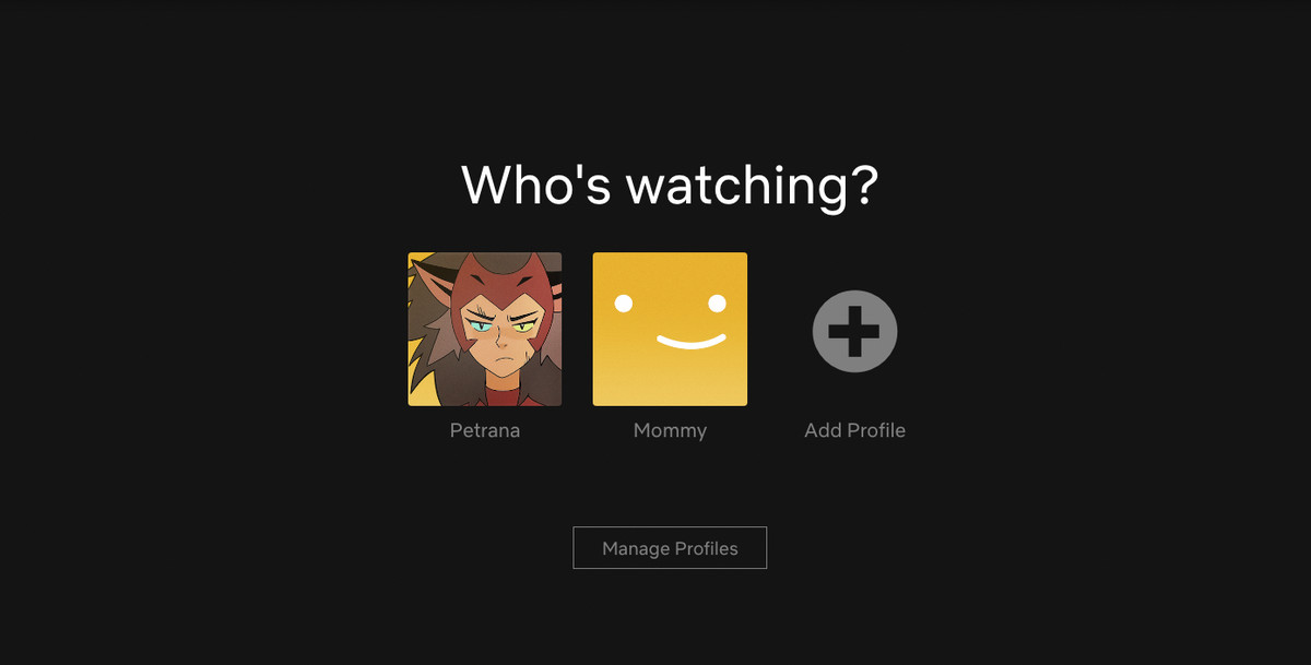 A Netflix login screen with a Catra icon and a default smiley face that just says Mommy