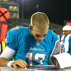 Aug 4, 2013; Canton, OH, USA; Miami Dolphins quarterback Ryan Tannehill (17) during the 2013 Pro Football Hall of Fame game at Fawcett Stadium.