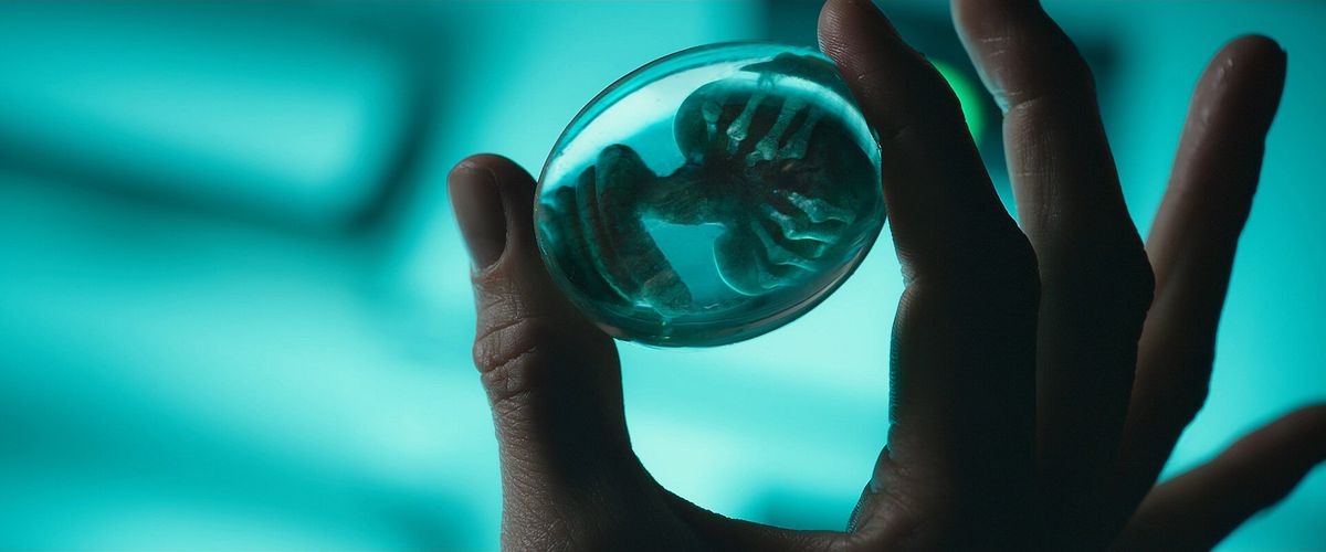 A hand holds a xenomorph in its tiniest form encased in glass in Alien: Covenant