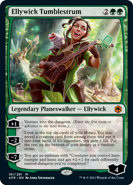 Ellywick Tumblestrum, Legendary Planeswalker — Ellywick. Her -7 emblem gives +2/+2 to each creature you control for each differently named dungeon you’ve completed.