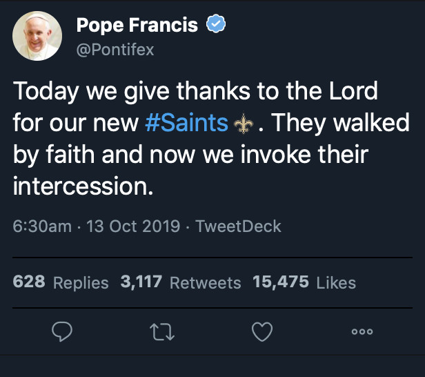 Pope Francis tweet mentioning Saints