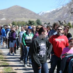 Crowds line up before Democratic presidential candidate and Vermont Sen. Bernie Sanders gives a speech to supporters at This is the Place Heritage Park in Salt Lake City, Friday, March 18, 2016.