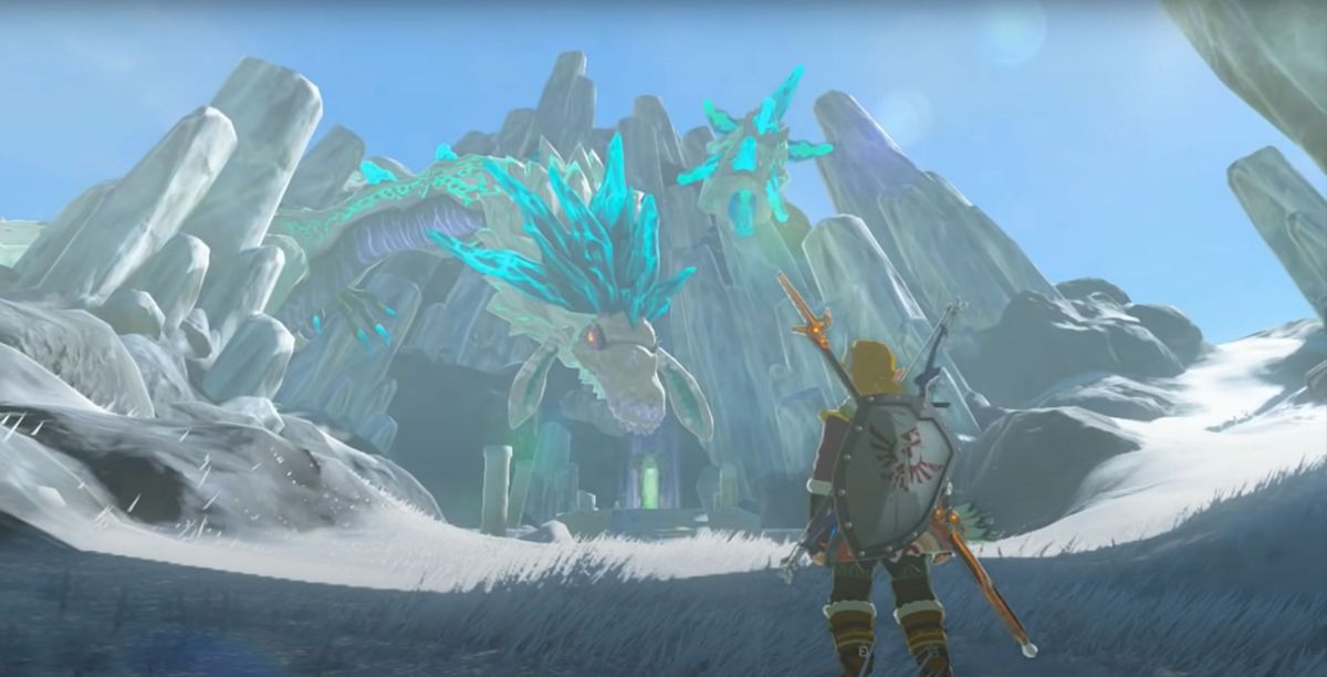 Link faces off with a dragon right before his entry to the Spring of Wisdom in Breath of the Wild