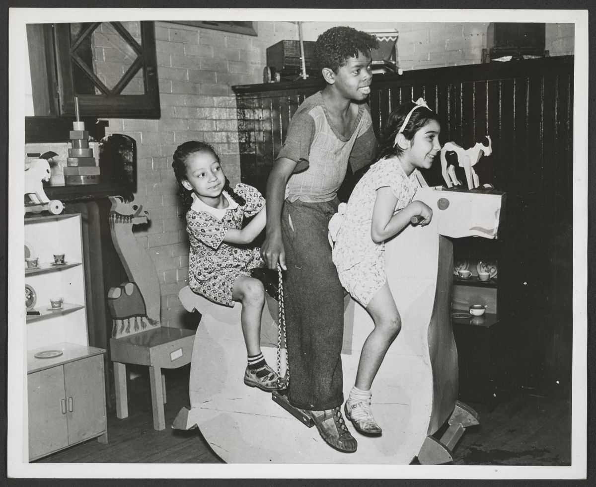 As part of the New Deal era Works Progress Administration, parks allowed children to play with and borrow toys from “toy libraries.” Toys were made — and repaired in “toy hospitals” — by WPA workers. A box of toys from the lending library were returned to