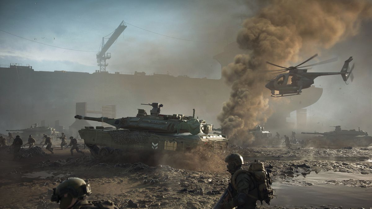 Soldiers and tanks roll across a shipyard in Alang, India, in Battlefield 2042’s Discarded map