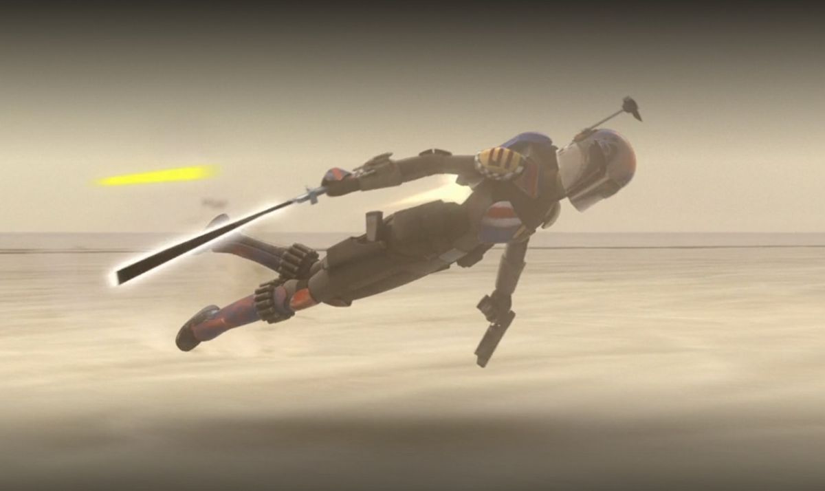 Sabine Wren flies across the Mandalore with the Darksaber in her hand while fighting off Imperial troopers