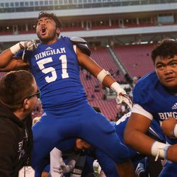 Lone Peak and Bingham compete in the 5A football State Championship game at Rice-Eccles Stadium in Salt Lake City on Friday, Nov. 18, 2016. Bingham won the game, 17-10.