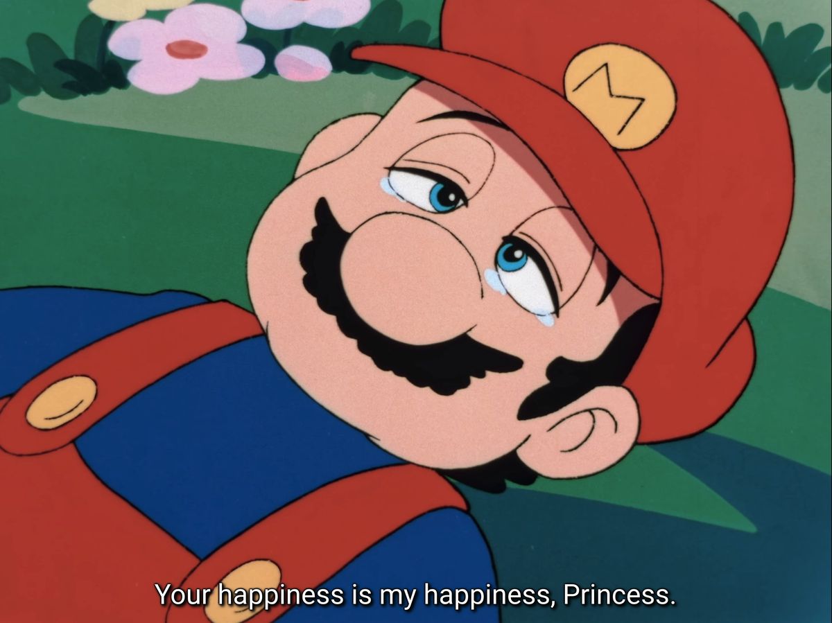 Mario cries and says “Your happiness is my happiness, princess” in a still from Super Mario Bros. - The Great Mission to Rescue Princess Peach