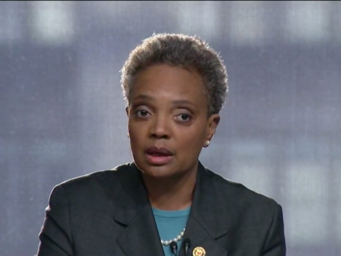 Lori Lightfoot particpates in a debate Wednesday night live on CBS 2. Screen image.