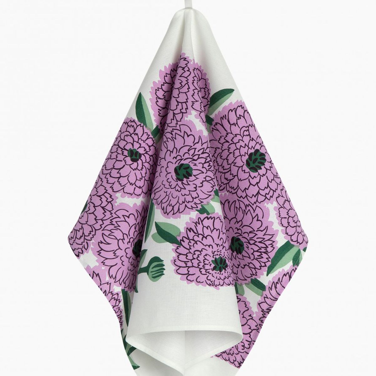A white tea towel printed with graphic lavender florals