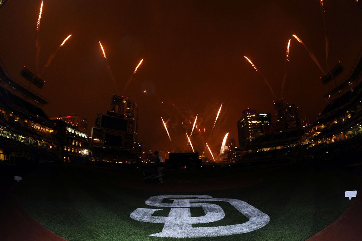 April 20, 2012; San Diego, CA, USA; Fireworks explode following a 4-1 loss by the San Diego Padres to the Philadelphia Phillies at Petco Park. Mandatory Credit: Christopher Hanewinckel-US PRESSWIRE