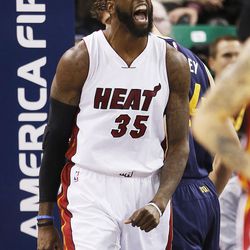 Miami Heat forward Willie Reed (35) yells after a slam dunk in Salt Lake City on Thursday, Dec. 1, 2016. Miami won 111-110.