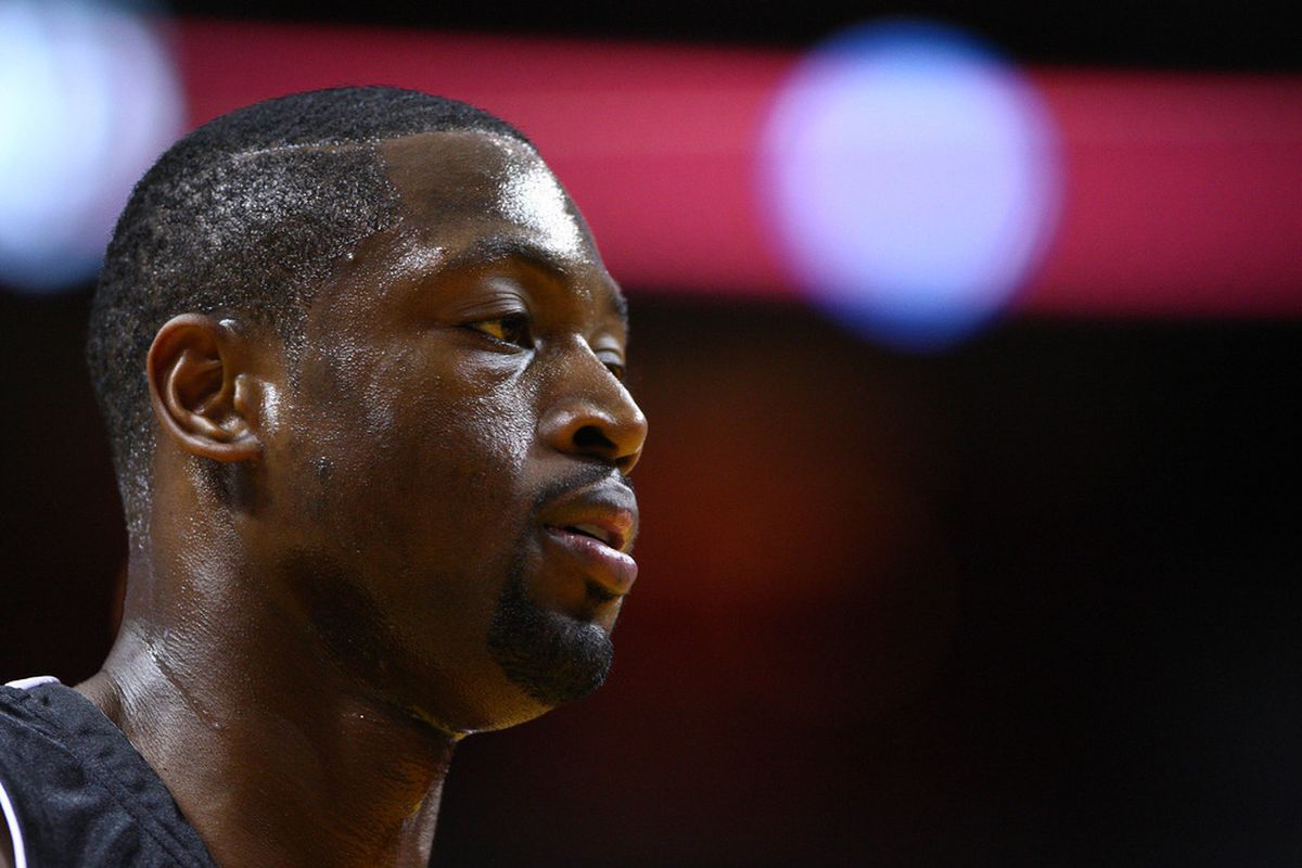 April 4, 2012; Miami, FL, USA;  Miami Heat shooting guard Dwyane Wade (3) during a game against the Oklahoma City Thunder at the American Airlines Arena. Mandatory Credit: Robert Mayer-US PRESSWIRE