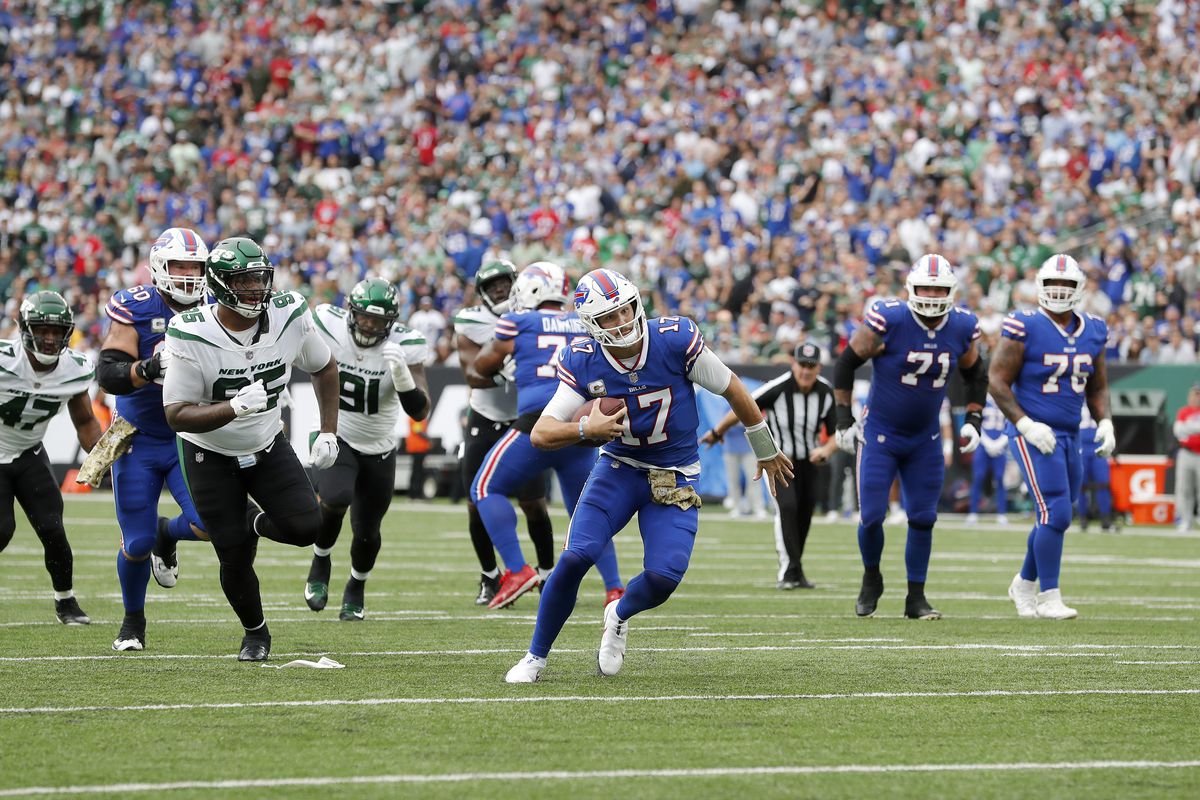 Josh Allen #17 of the Buffalo Bills in action against the New York Jets at MetLife Stadium on November 06, 2022 in East Rutherford, New Jersey. The Jets defeated the Bills 20-17.
