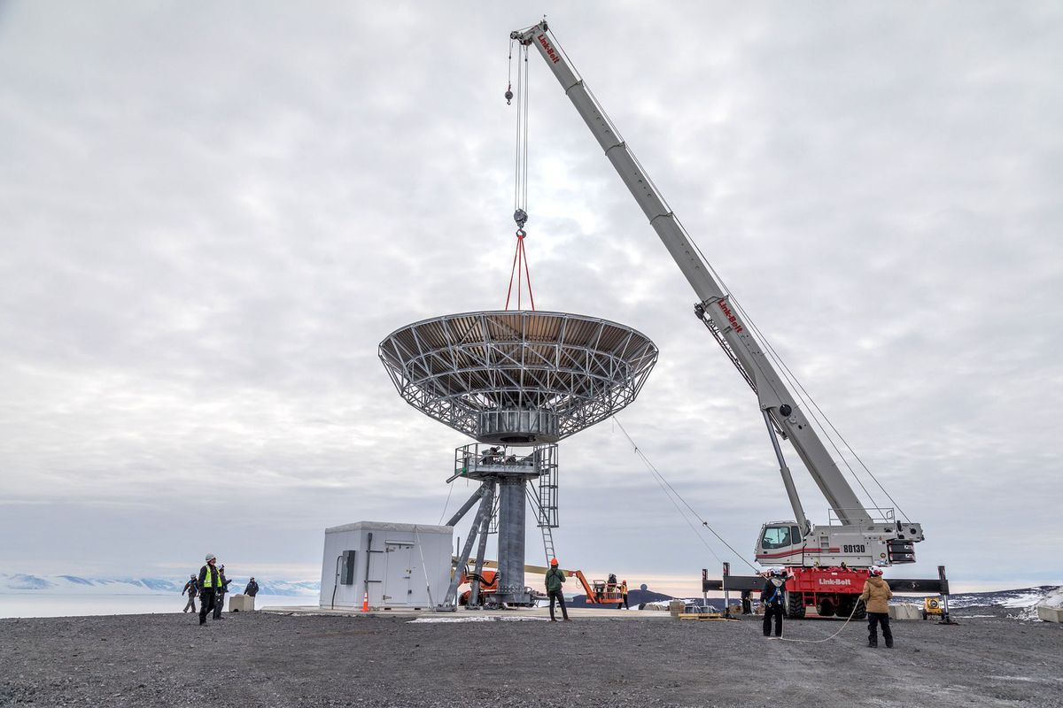 Ross Island Earth Station antenna being placed