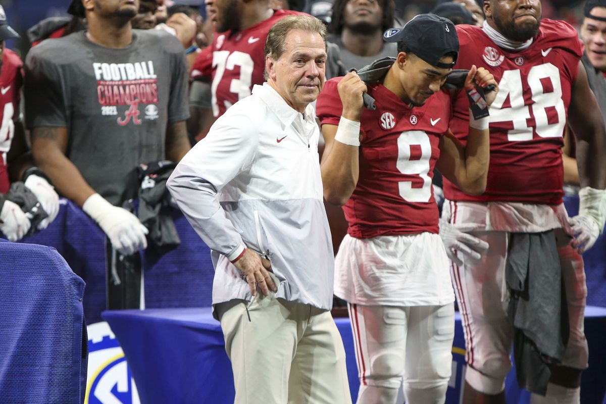 Alabama Crimson Tide head coach Nick Saban celebrates after a victory against the Georgia Bulldogs in the SEC championship game at Mercedes-Benz Stadium.