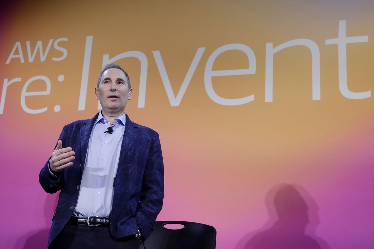 In this Dec. 5, 2019, file photo, AWS CEO Andy Jassy, discusses a new initiative with the NFL during AWS re:Invent 2019 in Las Vegas. Amazon announced Tuesday, Feb. 2, 2021, that Jeff Bezos would step down as CEO later in the year, leaving a role he’s had since founding the company nearly 30 years ago. 
