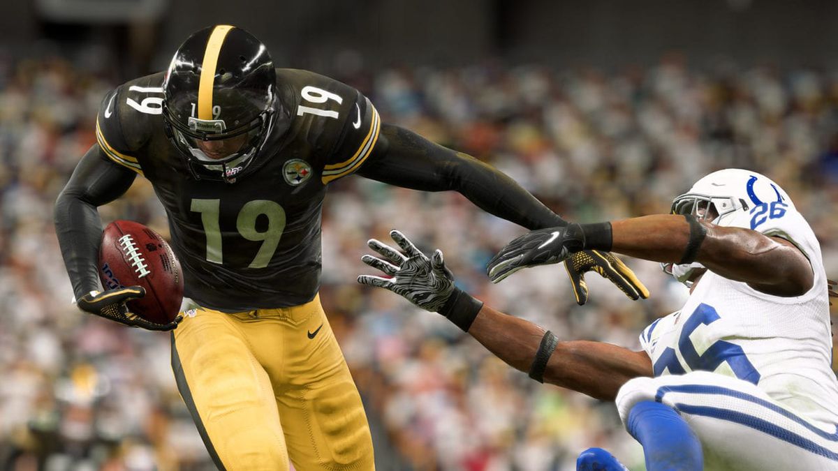 Screenshot of Madden NFL 20, in which Steelers receiver JuJu Smith-Schuster is stiff-arming a defender for the Indianapolis Colts.