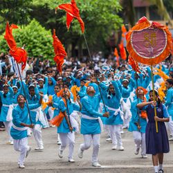 Students perform the Lezim dance (a folk dance form, from Maharashtra, India) during the 71st Independence Day celebrations at the MIT World Peace University in Pune, Maharashtra, India, on August 15, 2017.