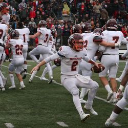 Brother Rice’s John Bean (2) and his teammates celebrate after their 14-3 semi-final victory over Marist, Chicago, llinois, November 17, 2018. | Allen Cunningham / for Chicago Sun-Times