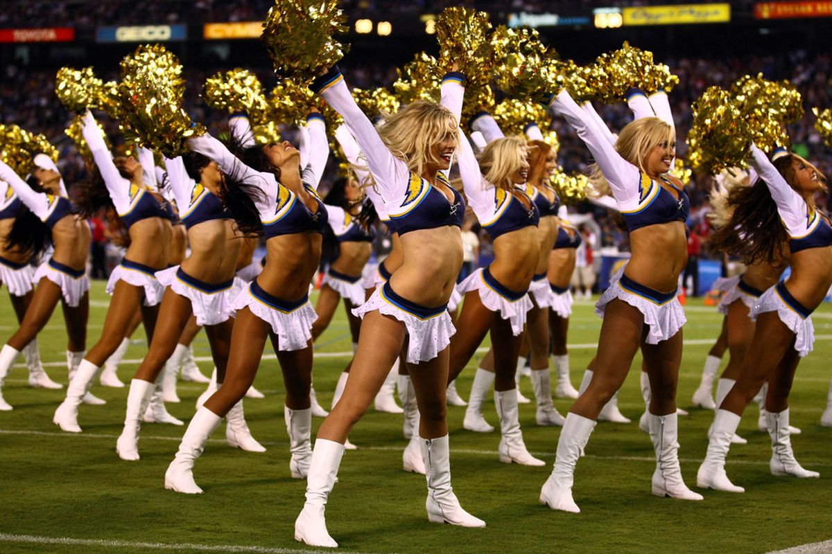 SAN DIEGO, CA - SEPTEMBER 1:  The San Diego Charger-girl Cheerleaders perform against the San Francisco 49ers during their preseason NFL Game on at Qualcomm Stadium in San DIego, California. (Photo by Donald Miralle/Getty Images)