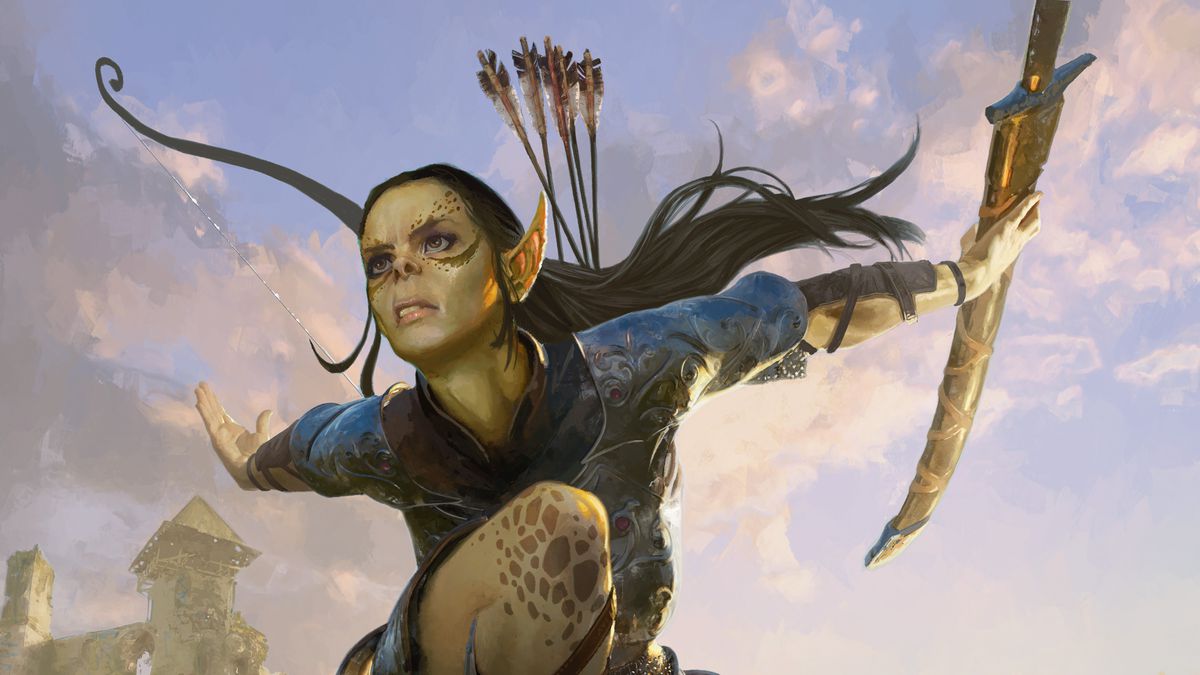 A female gith warrior leaps from a peak.