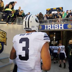 BYU's Kyle Van Noy walks out of the stadium after BYU lost to Notre Dame on Saturday, Oct. 20, 2012 in South Bend, Ind.