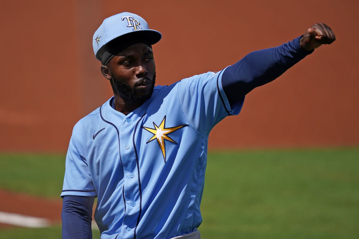 Tampa Bay Rays left fielder Randy Arozarena gestures prior to the spring training game against the Boston Red Sox at JetBlue Park at Fenway South.&nbsp;