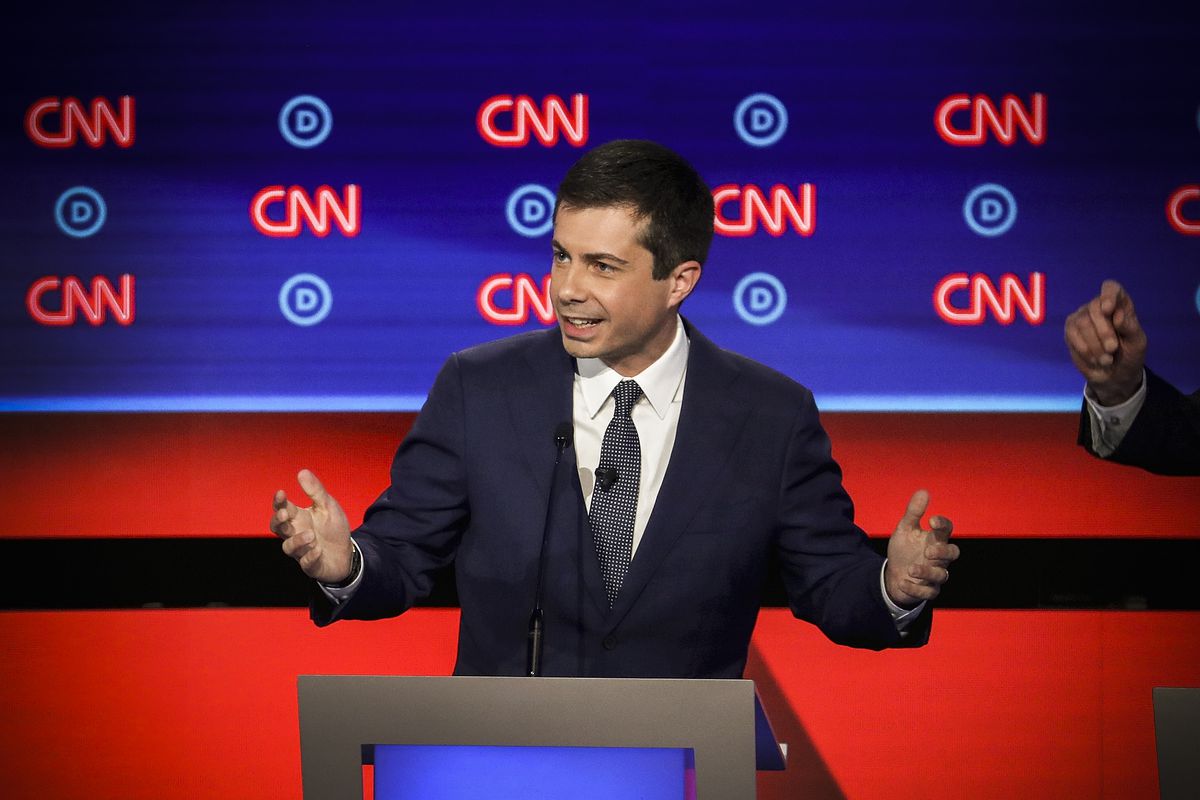 Democratic presidential candidate South Bend, Indiana, Mayor Pete Buttigieg speaking onstage during the Democratic Presidential Debate on July 30, 2019.