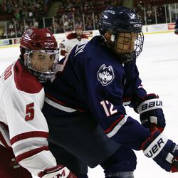 UConn's Evan Wisocky (12) during the UConn Huskies vs UMass Minutemen men's college hockey game at the Mullins Center in Amherst, MA on December 1, 2017.