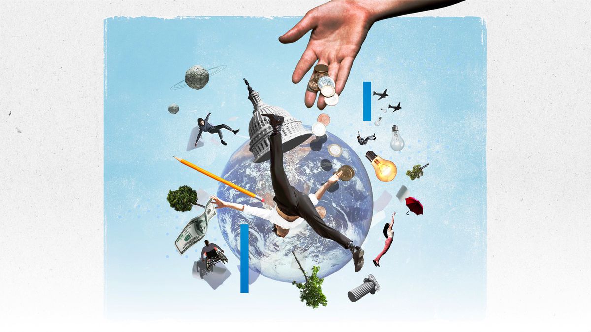 An illustration showing people falling around the Earth floating in space along with various forms of money, fragments of US political buildings, and symbols that represent effective altruism (such as light bulbs and pencils). The colors in this composition blue and grey, with little accents of yellow and red. 