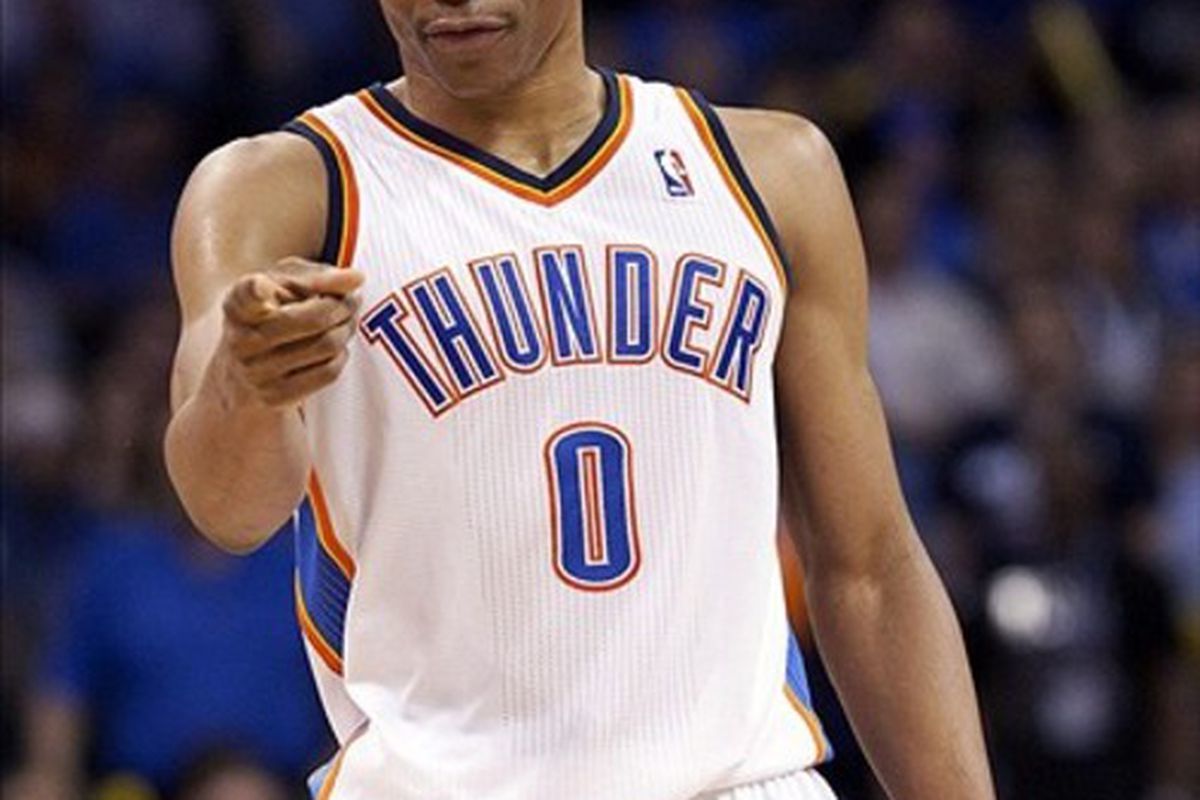 Mar, 13, 2012; Oklahoma City, OK, USA; Oklahoma City Thunder point guard Russell Westbrook (0) reacts after a call during the fourth quarter against Houston Rockets at Chesapeake Energy Arena Mandatory Credit: Richard Rowe-US PRESSWIRE