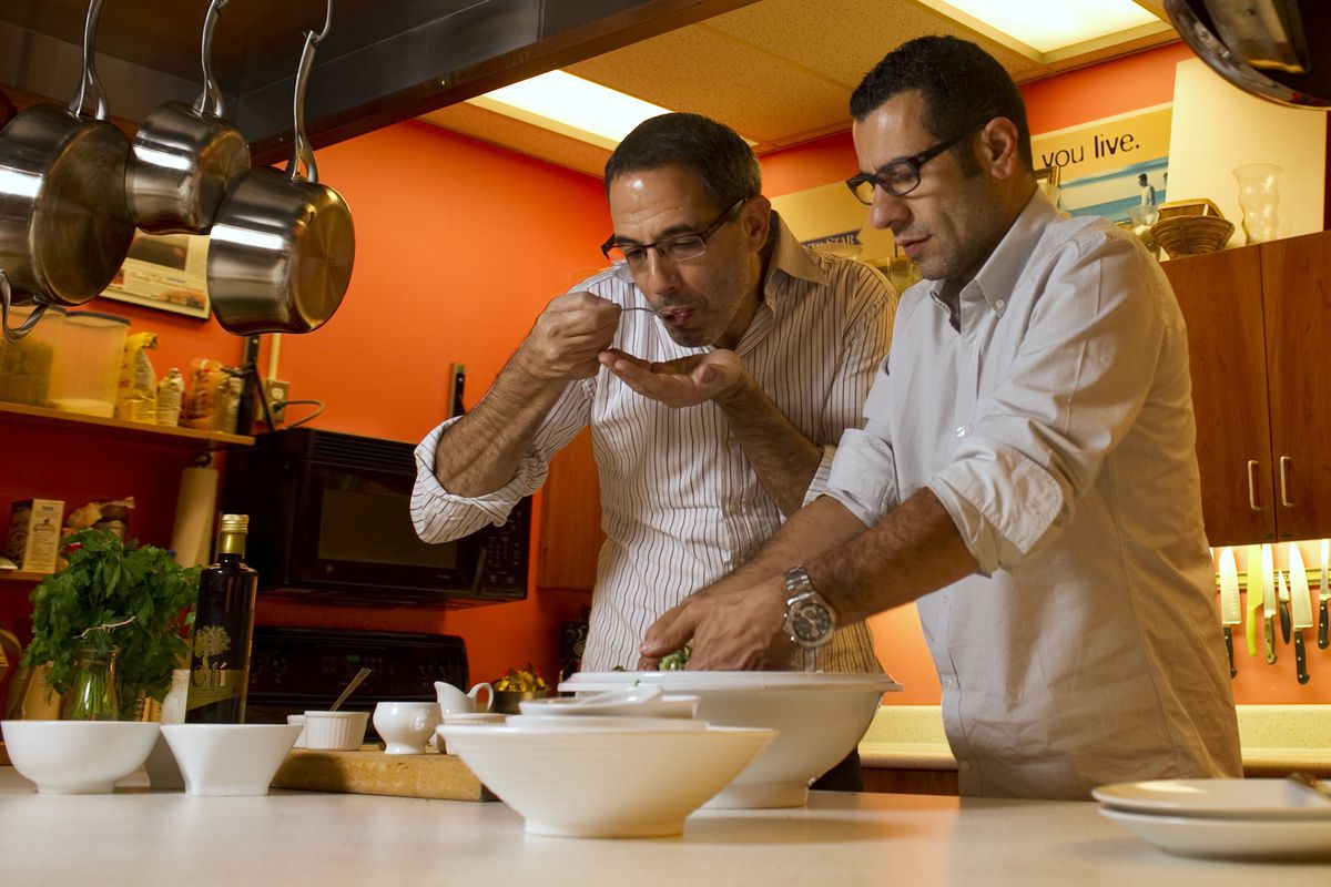Israeli chef Yotam Ottolenghi, left, with Palestinian chef Sami Tamimi, right.