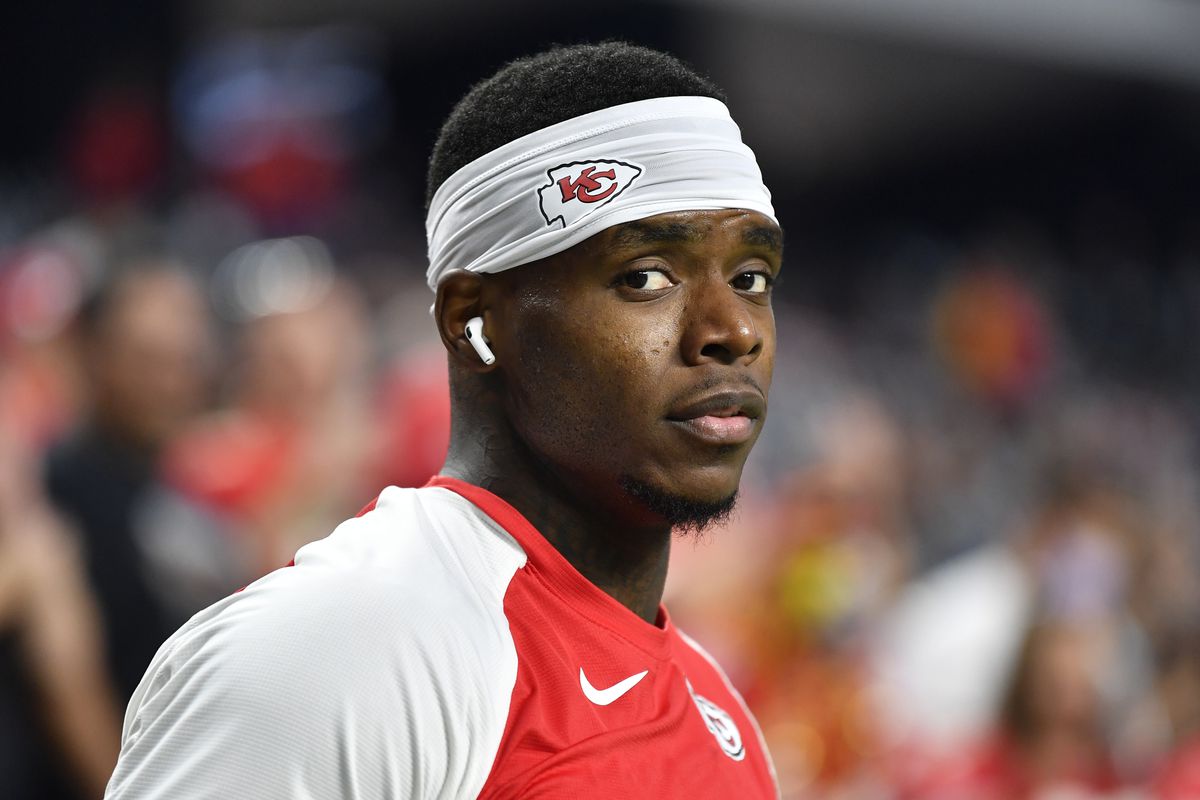 Wide receiver Josh Gordon #19 of the Kansas City Chiefs looks on before a game against the Las Vegas Raiders at Allegiant Stadium on November 14, 2021 in Las Vegas, Nevada. The Chiefs defeated the Raiders 41-14.